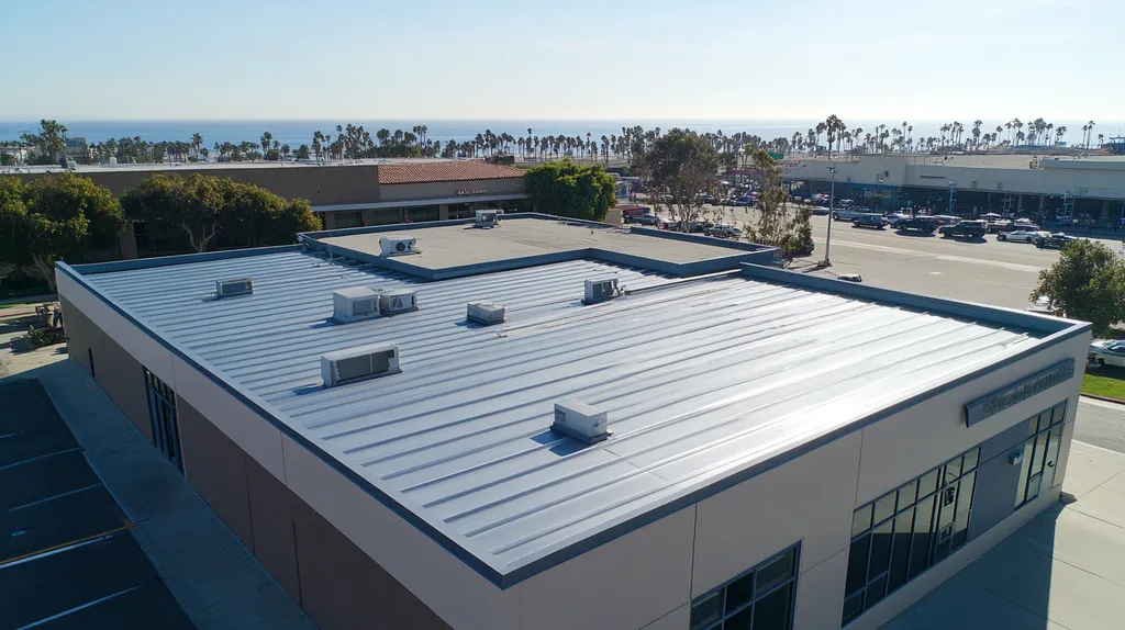 A commercial roof on a post office in a location similar to Santa Monica with a stainless steel aesthetic (AI image)
