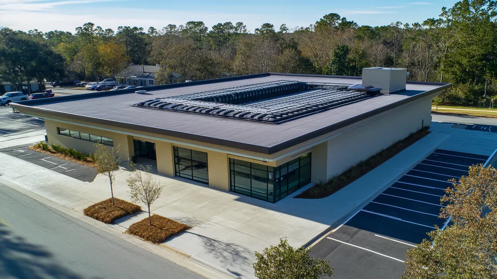 A commercial roof on a post office in a location similar to Savannah with a futuristic aesthetic (AI image)