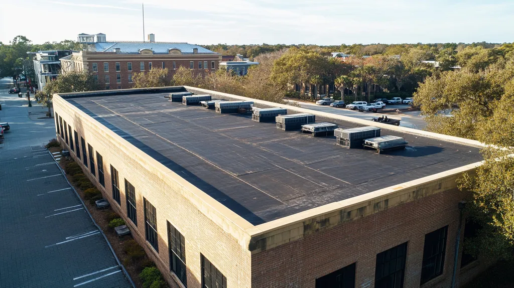 A commercial roof on a post office in a location similar to Savannah with an urban context aesthetic (AI image)