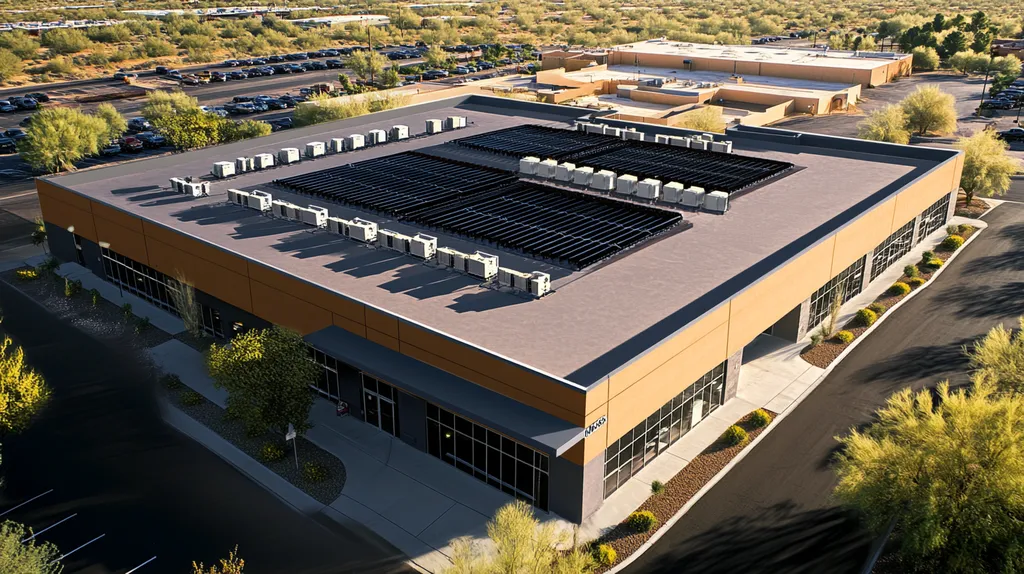 A commercial roof on a post office in a location similar to Scottsdale with a comic book style aesthetic (AI image)