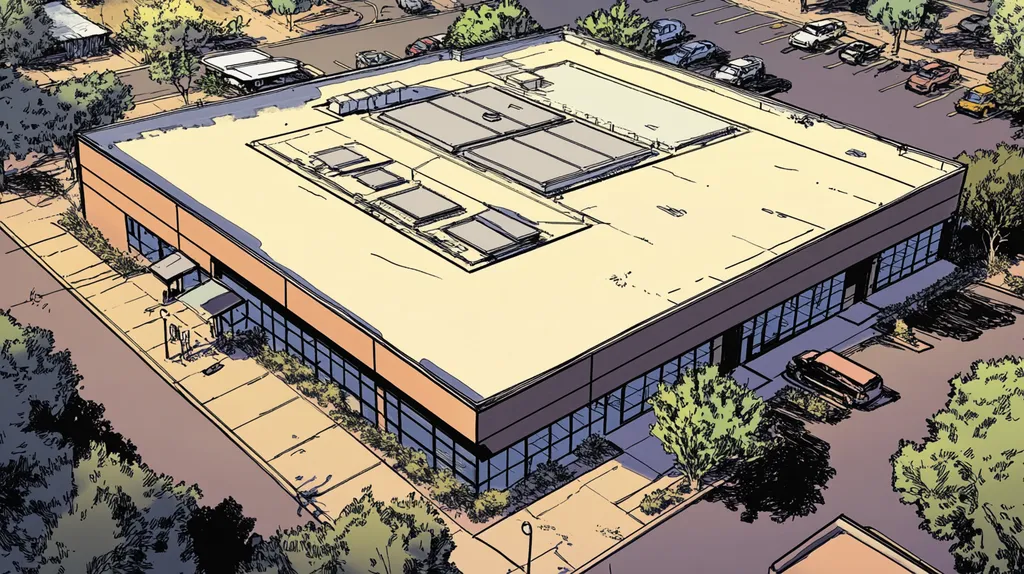 A commercial roof on a post office in a location similar to Scottsdale with a comic book style aesthetic (AI image)