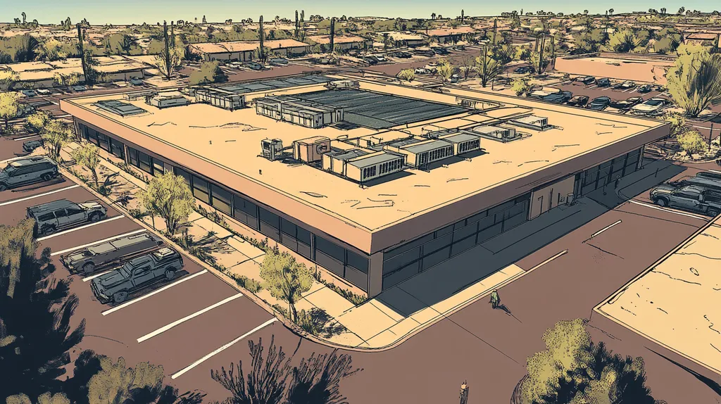 A commercial roof on a post office in a location similar to Scottsdale with a comic book style aesthetic (AI image)