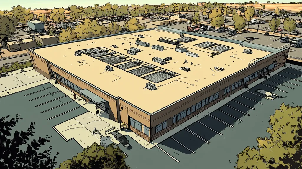 A commercial roof on a post office in a location similar to Scottsdale with a comic book style aesthetic (AI image)