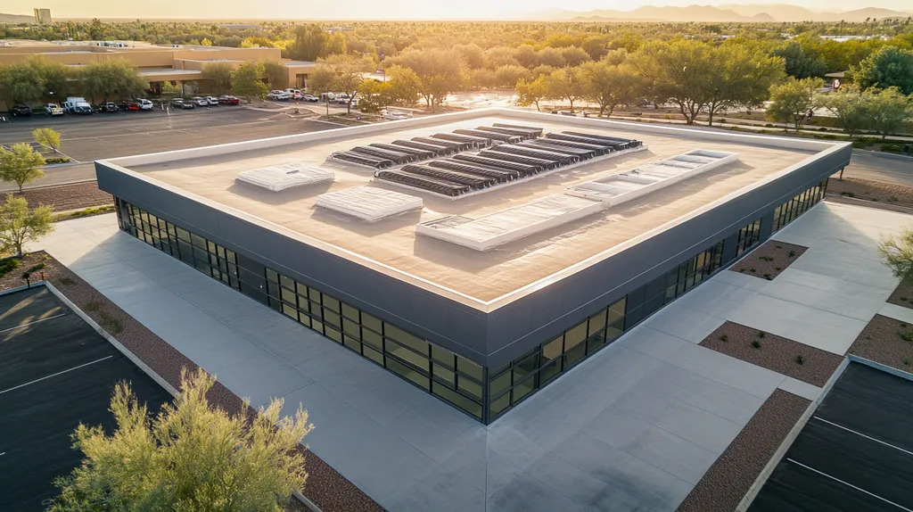 A commercial roof on a post office in a location similar to Scottsdale with an ethereal glow aesthetic (AI image)