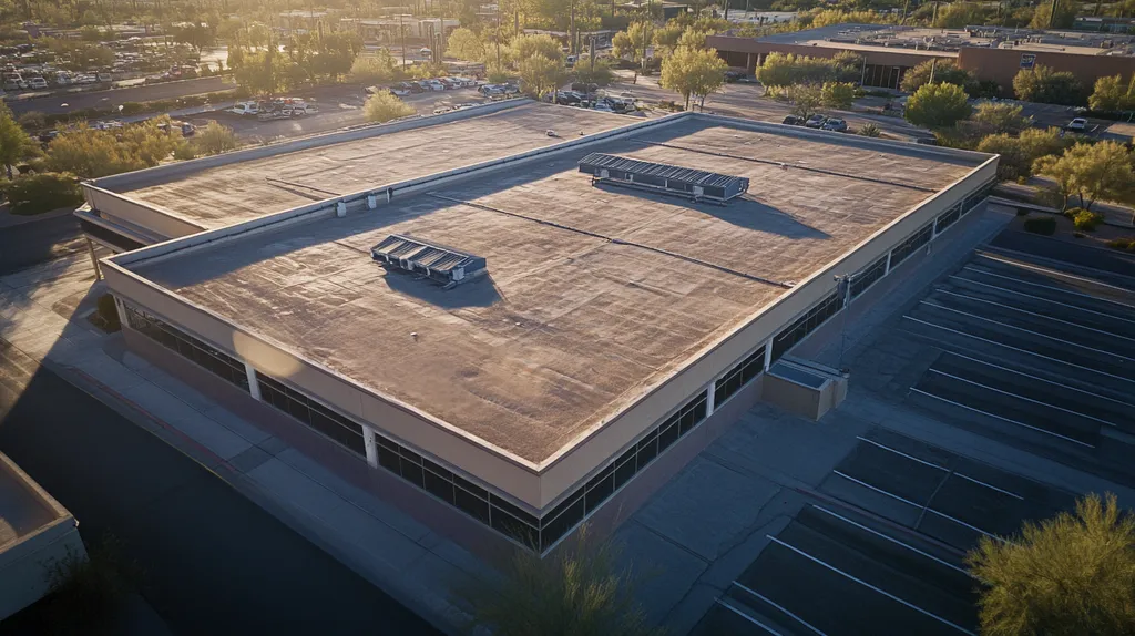 A commercial roof on a post office in a location similar to Scottsdale with an ethereal glow aesthetic (AI image)