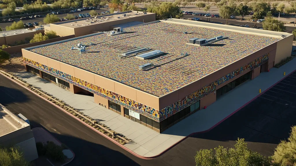 A commercial roof on a post office in a location similar to Scottsdale with a mosaic tile art aesthetic (AI image)