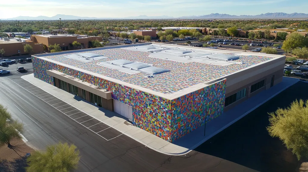 A commercial roof on a post office in a location similar to Scottsdale with a mosaic tile art aesthetic (AI image)