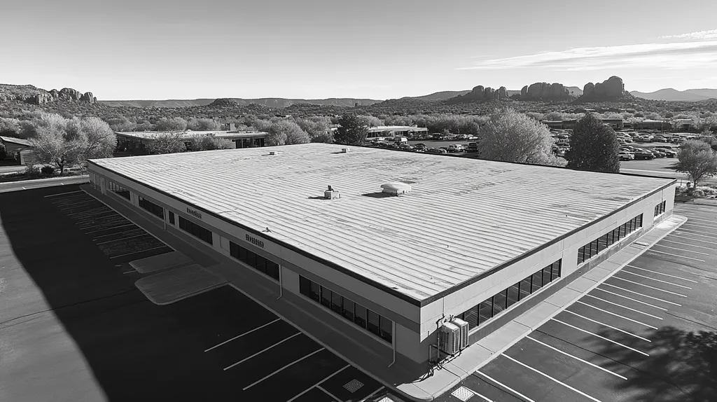 A commercial roof on a post office in a location similar to Sedona with a black and white photography aesthetic (AI image)