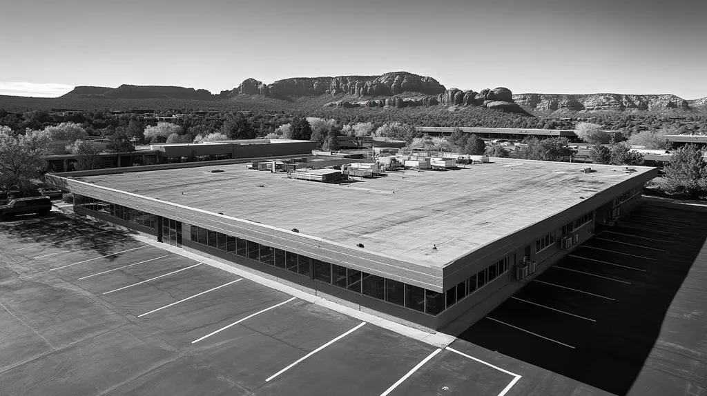 A commercial roof on a post office in a location similar to Sedona with a black and white photography aesthetic (AI image)