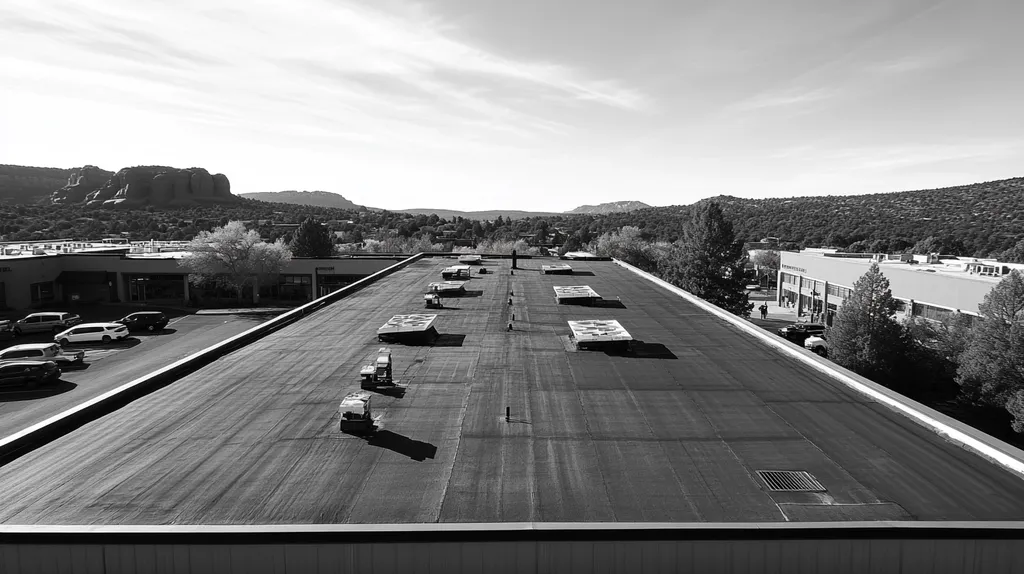 A commercial roof on a post office in a location similar to Sedona with a black and white photography aesthetic (AI image)