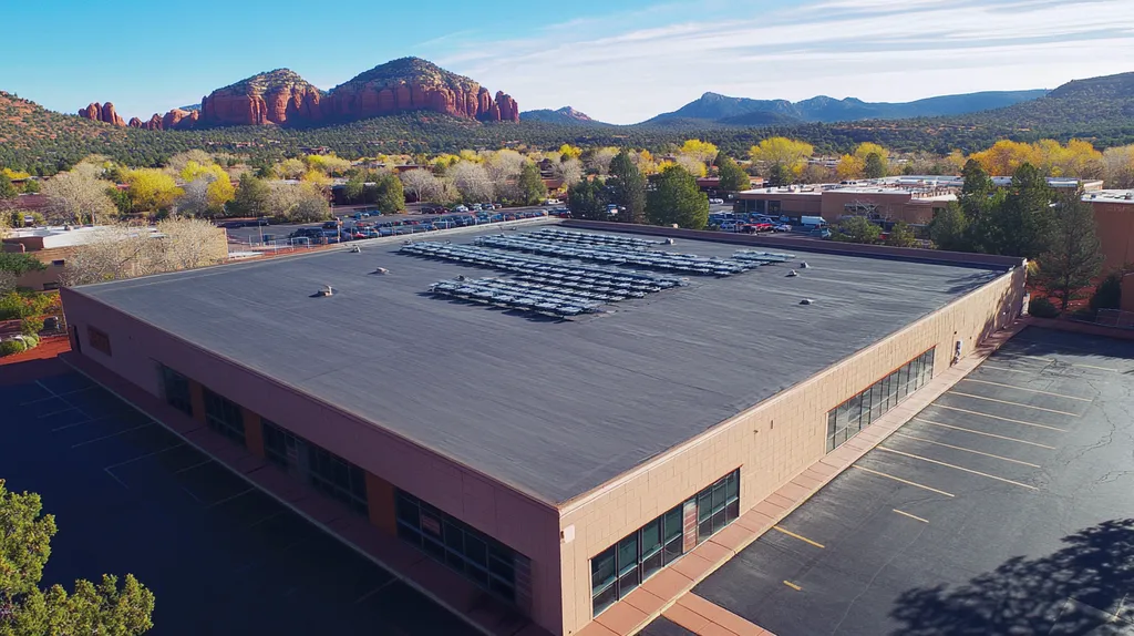 A commercial roof on a post office in a location similar to Sedona with a color highlight aesthetic (AI image)