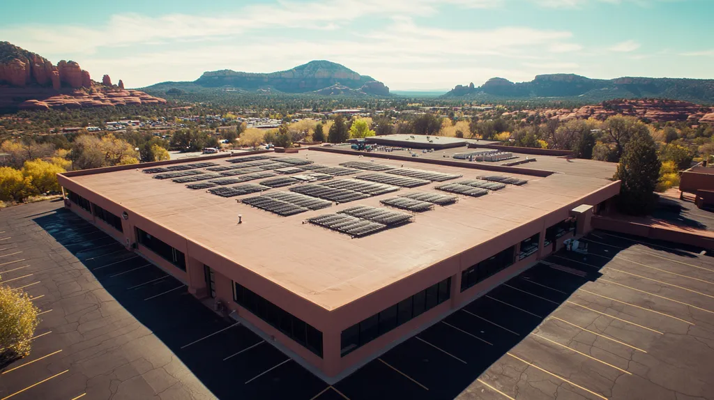 A commercial roof on a post office in a location similar to Sedona with a color highlight aesthetic (AI image)