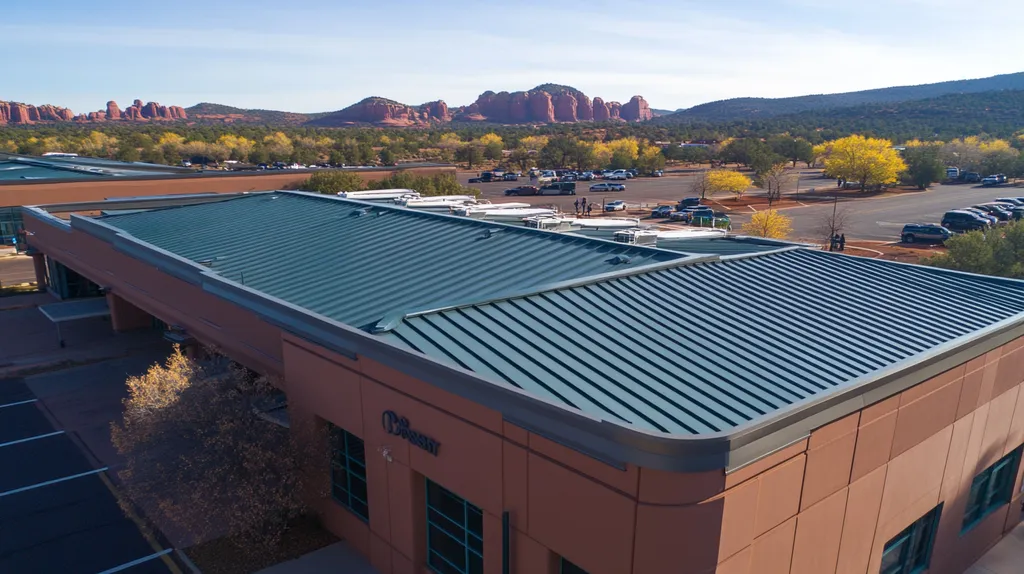 A commercial roof on a post office in a location similar to Sedona with a futuristic aesthetic (AI image)