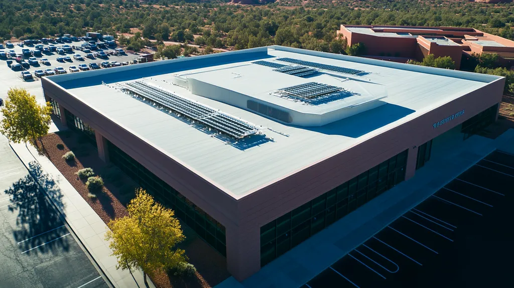 A commercial roof on a post office in a location similar to Sedona with a futuristic aesthetic (AI image)