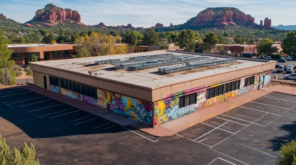A commercial roof on a post office in a location similar to Sedona with a graffiti mural aesthetic (AI image)