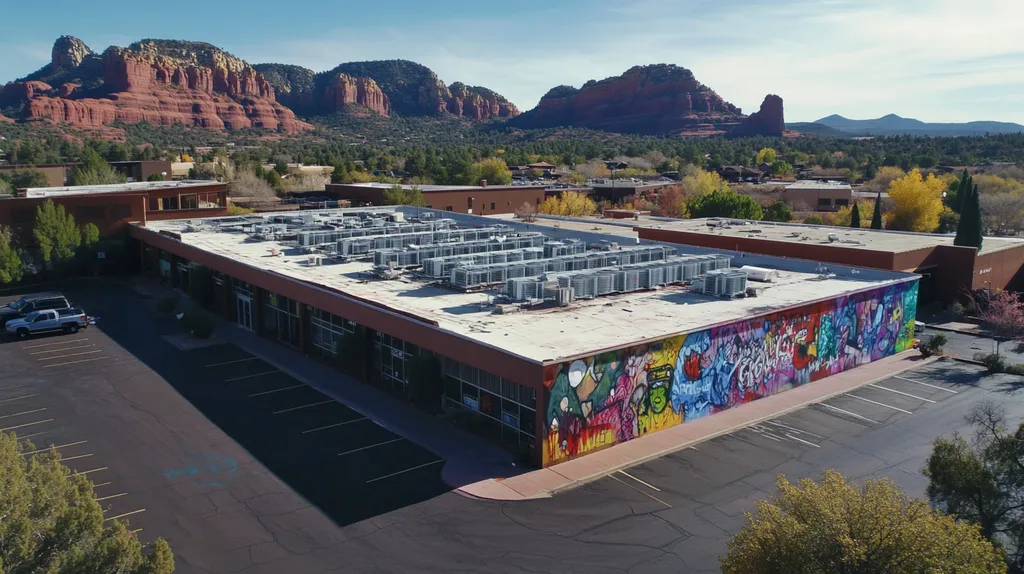 A commercial roof on a post office in a location similar to Sedona with a graffiti mural aesthetic (AI image)
