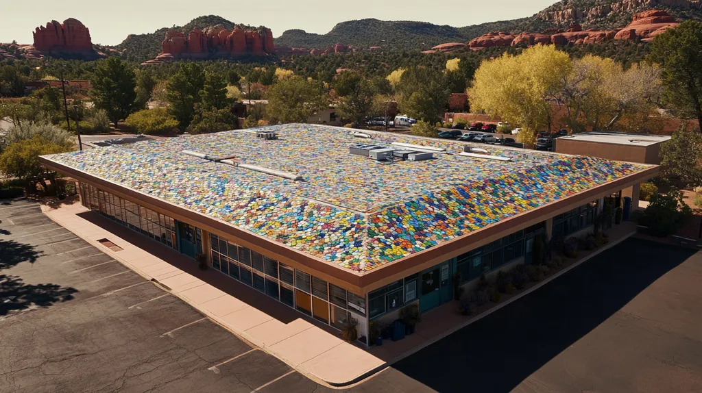 A commercial roof on a post office in a location similar to Sedona with a mosaic tile art aesthetic (AI image)