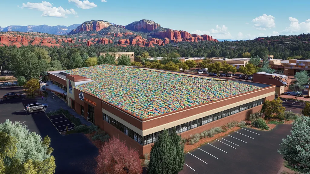 A commercial roof on a post office in a location similar to Sedona with a mosaic tile art aesthetic (AI image)