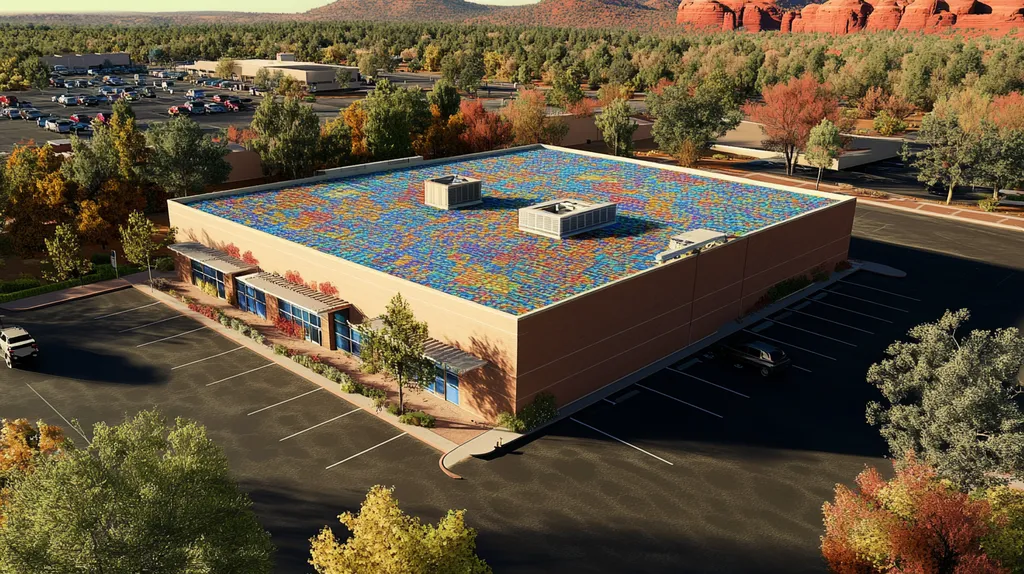 A commercial roof on a post office in a location similar to Sedona with a mosaic tile art aesthetic (AI image)