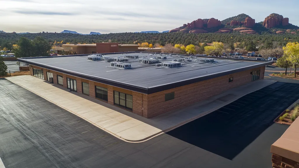 A commercial roof on a post office in a location similar to Sedona with a rainy day aesthetic (AI image)