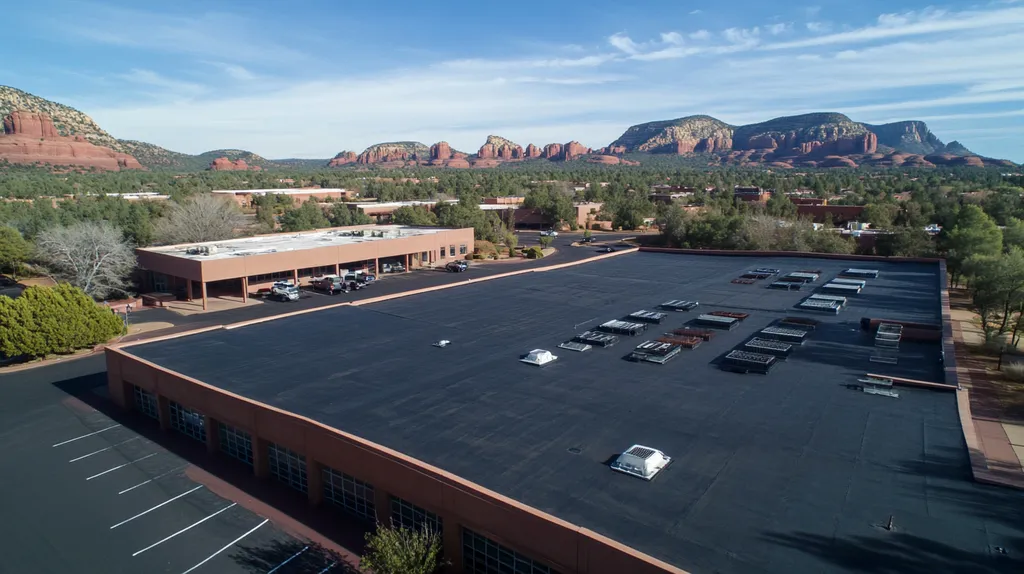 A commercial roof on a post office in a location similar to Sedona with an urban context aesthetic (AI image)