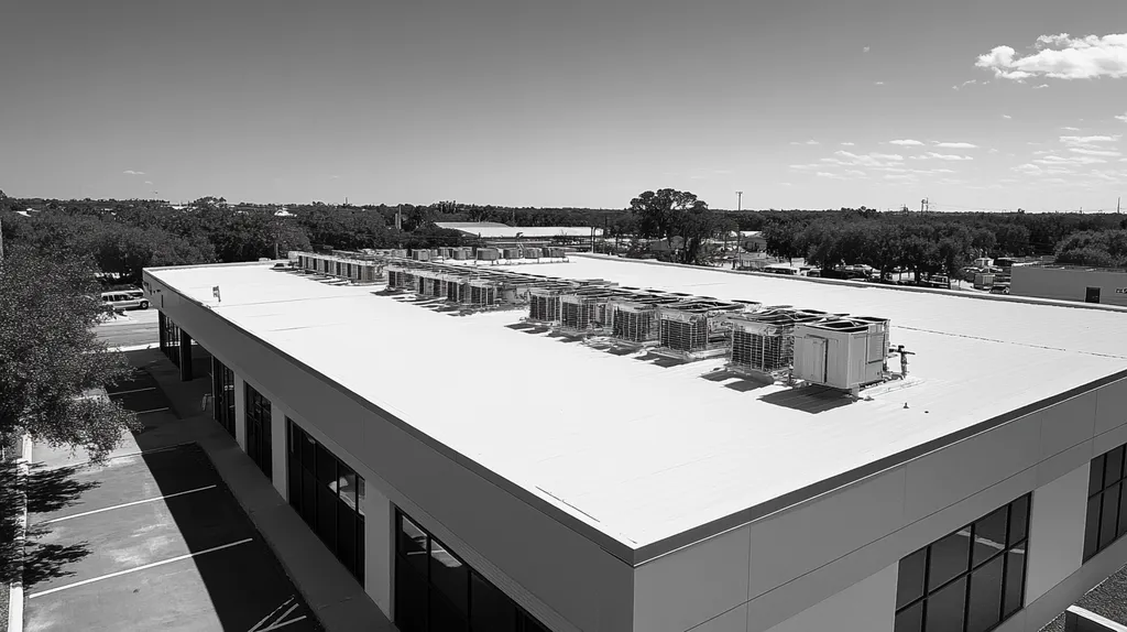 A commercial roof on a post office in a location similar to Tampa with a black and white photography aesthetic (AI image)