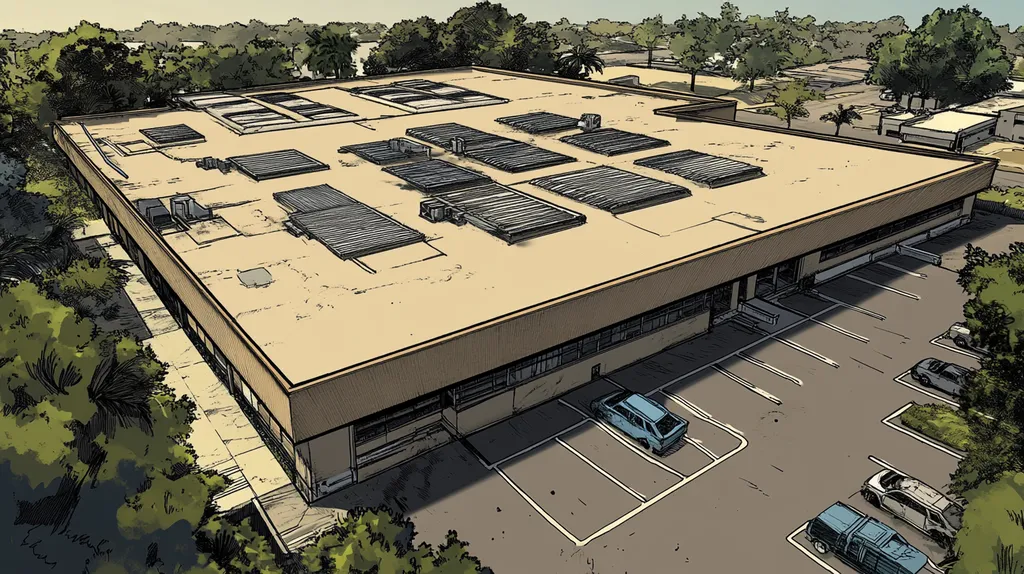 A commercial roof on a post office in a location similar to Tampa with a comic book style aesthetic (AI image)