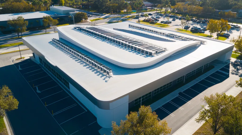 A commercial roof on a post office in a location similar to Tampa with a futuristic aesthetic (AI image)