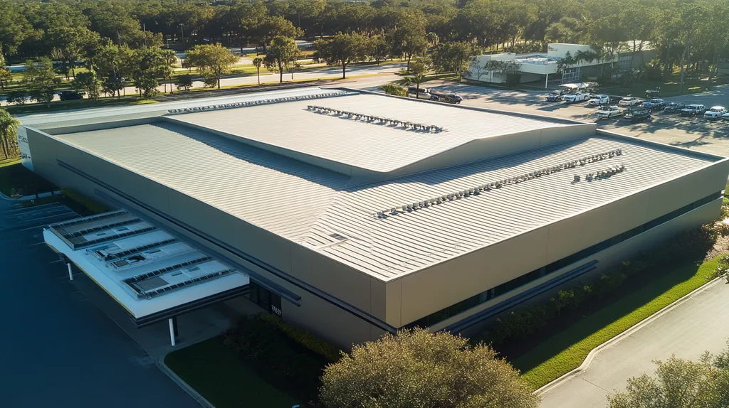 A commercial roof on a post office in a location similar to Tampa with a futuristic aesthetic (AI image)