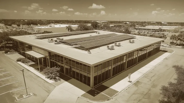A commercial roof on a public library in a location similar to Key West with a tintype aesthetic (AI image)