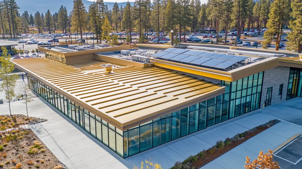 A commercial roof on a public library in a location similar to Lake Tahoe with a solid gold aesthetic (AI image)