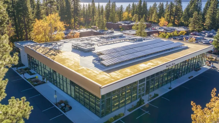 A commercial roof on a public library in a location similar to Lake Tahoe with a solid gold aesthetic (AI image)
