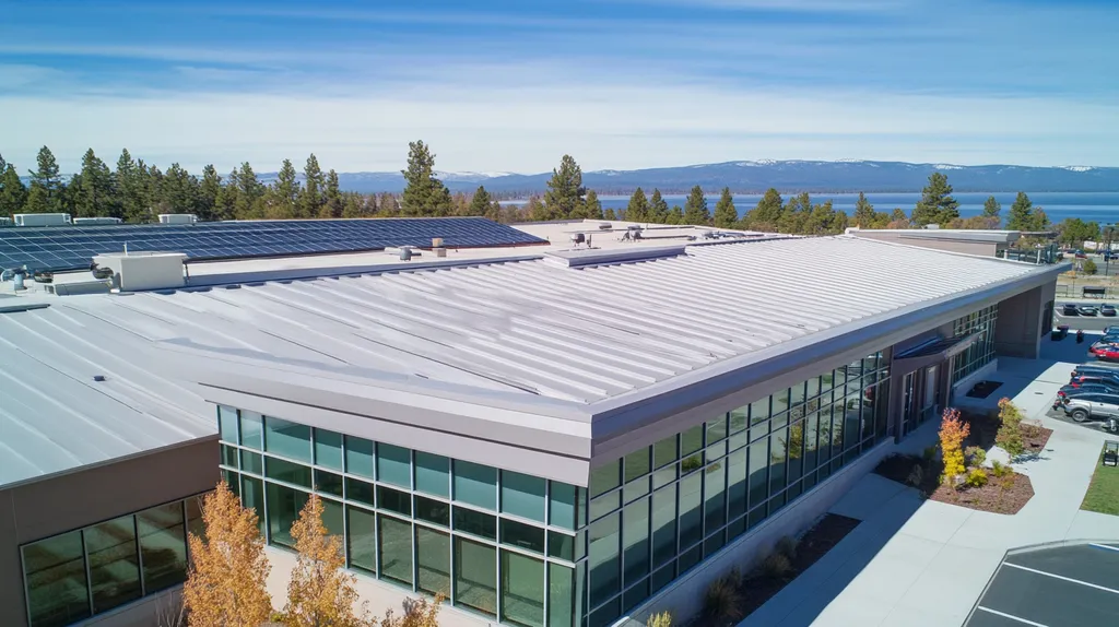 A commercial roof on a public library in a location similar to Lake Tahoe with a stainless steel aesthetic (AI image)