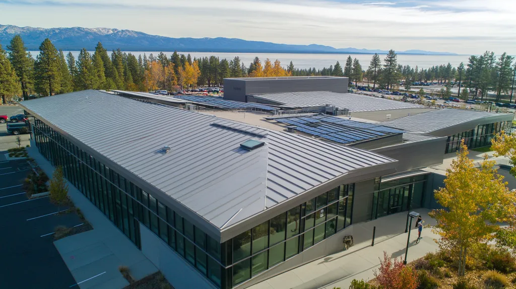 A commercial roof on a public library in a location similar to Lake Tahoe with a stainless steel aesthetic (AI image)
