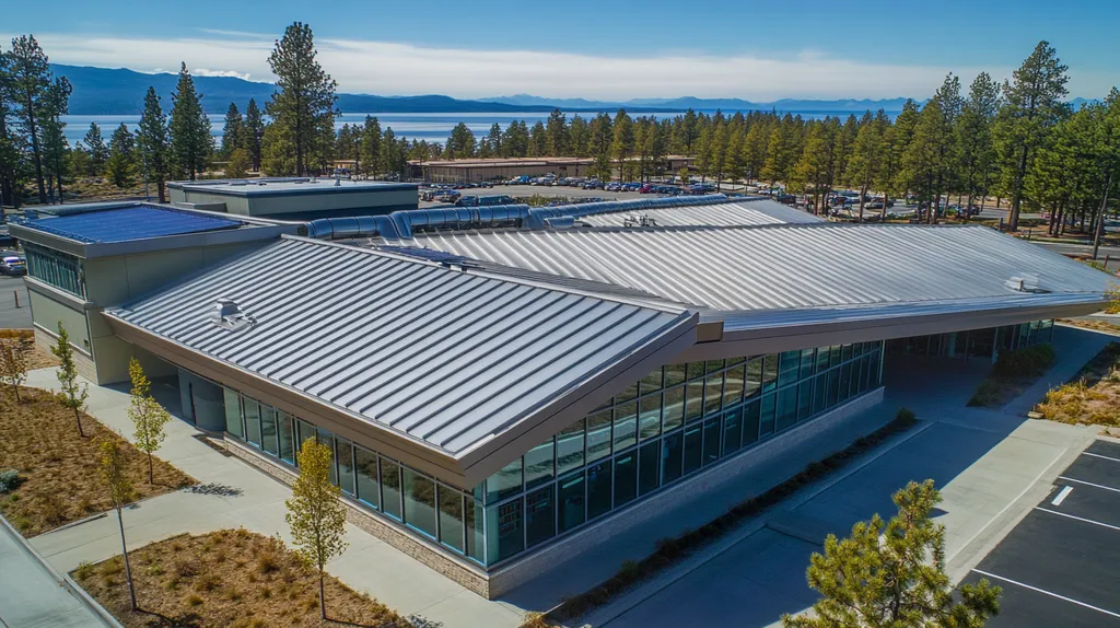 A commercial roof on a public library in a location similar to Lake Tahoe with a stainless steel aesthetic (AI image)