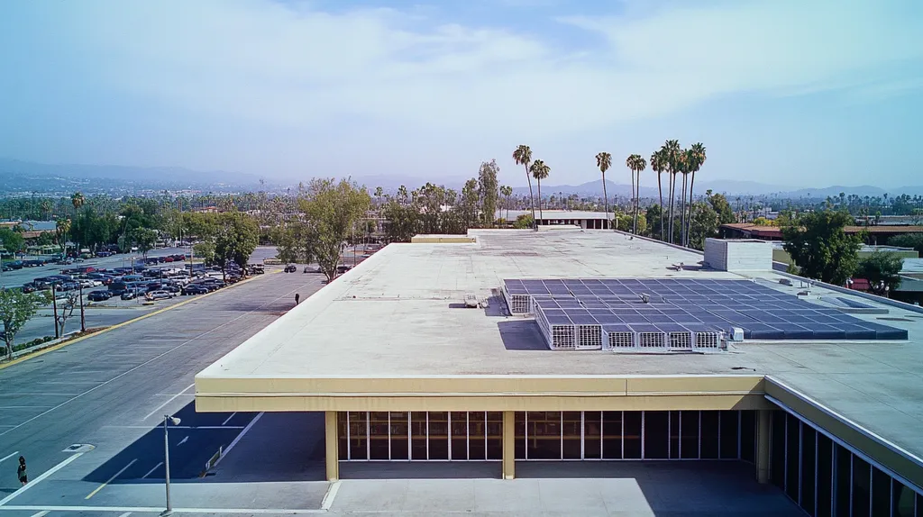 A commercial roof on a public library in a location similar to Los Angeles with a Polaroid aesthetic (AI image)