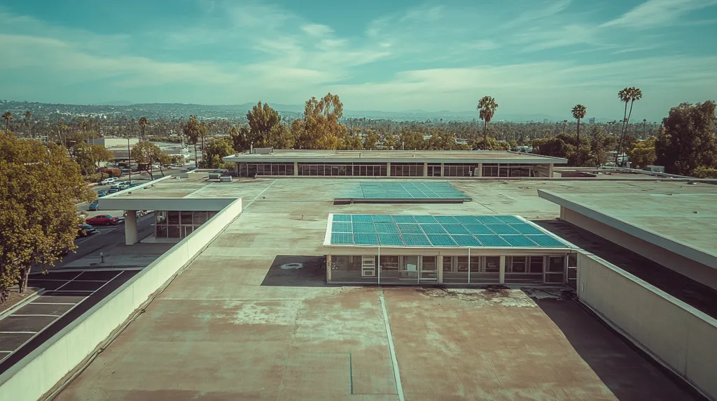 A commercial roof on a public library in a location similar to Los Angeles with a cross-processed look aesthetic (AI image)