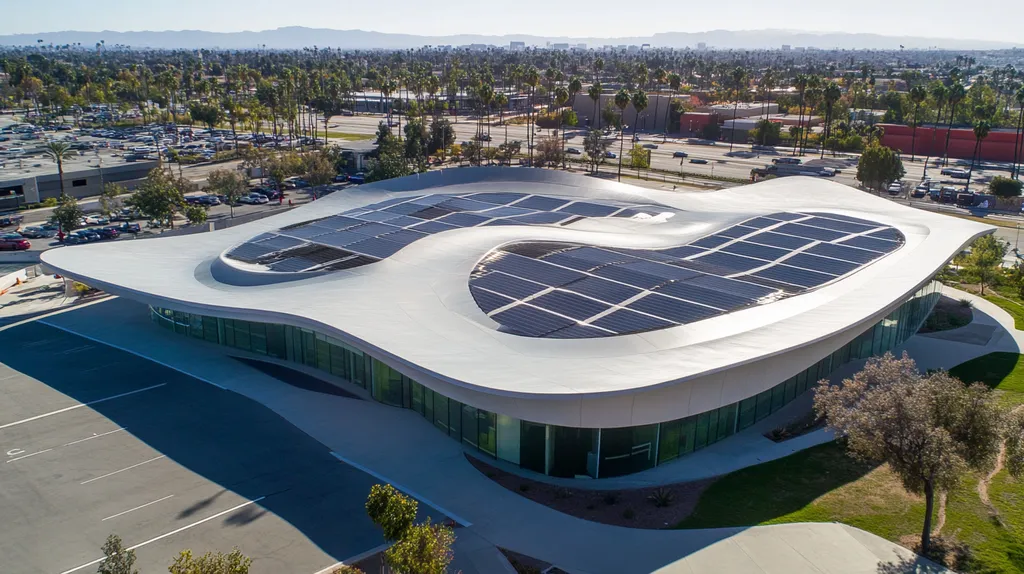 A commercial roof on a public library in a location similar to Los Angeles with a futuristic aesthetic (AI image)