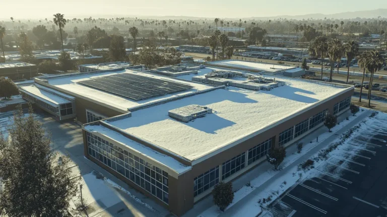 A commercial roof on a public library in a location similar to Los Angeles with a snowy day aesthetic (AI image)