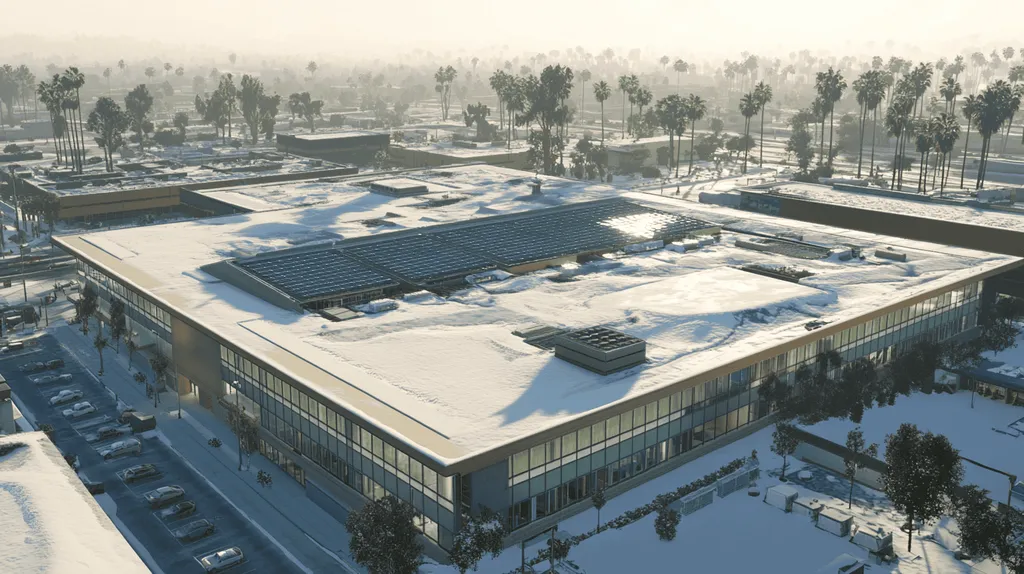 A commercial roof on a public library in a location similar to Los Angeles with a snowy day aesthetic (AI image)