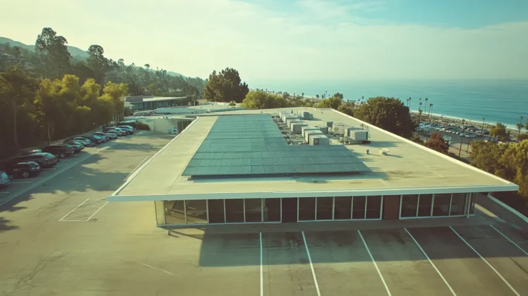A commercial roof on a public library in a location similar to Malibu with a Polaroid aesthetic (AI image)