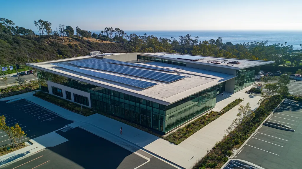 A commercial roof on a public library in a location similar to Malibu with an architectural photography aesthetic (AI image)