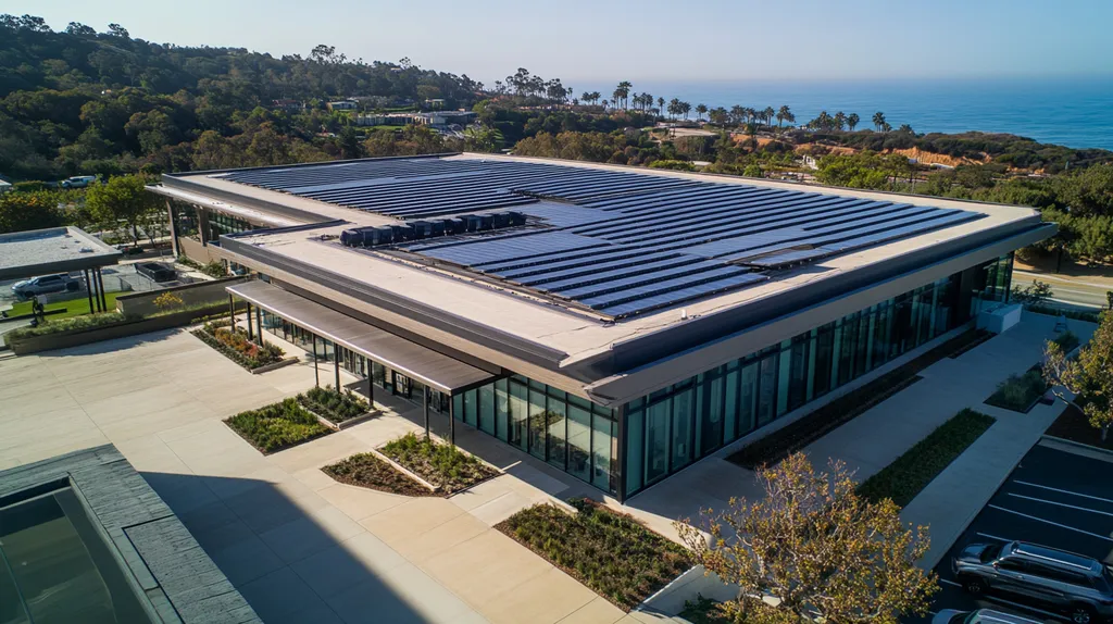 A commercial roof on a public library in a location similar to Malibu with an architectural photography aesthetic (AI image)