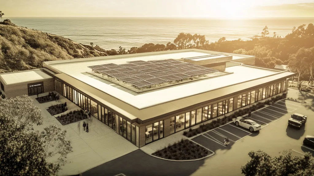 A commercial roof on a public library in a location similar to Malibu with an architectural sketch rendering aesthetic (AI image)