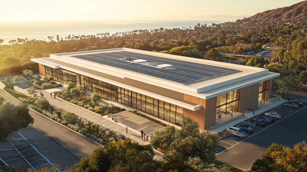 A commercial roof on a public library in a location similar to Malibu with an architectural sketch rendering aesthetic (AI image)