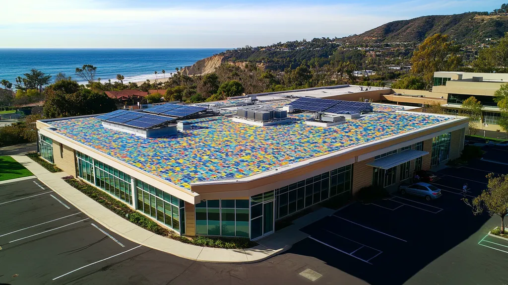 A commercial roof on a public library in a location similar to Malibu with a mosaic tile art aesthetic (AI image)