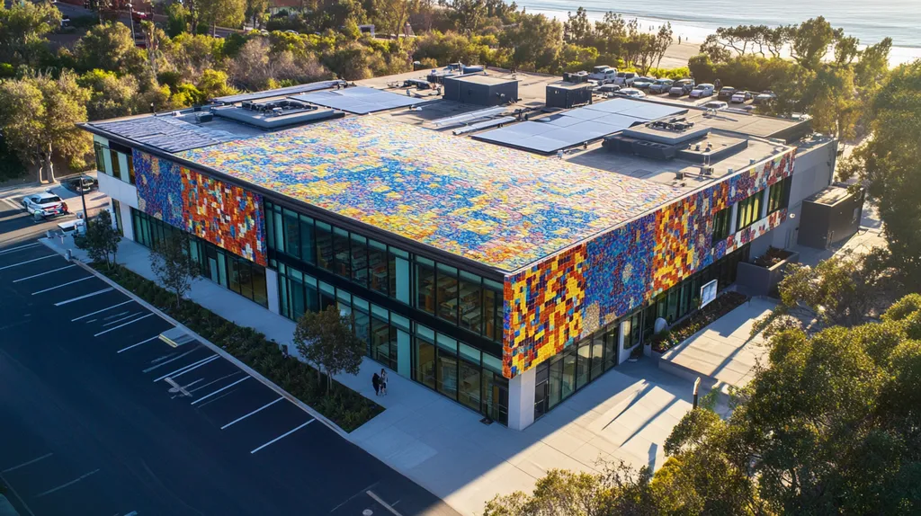 A commercial roof on a public library in a location similar to Malibu with a mosaic tile art aesthetic (AI image)