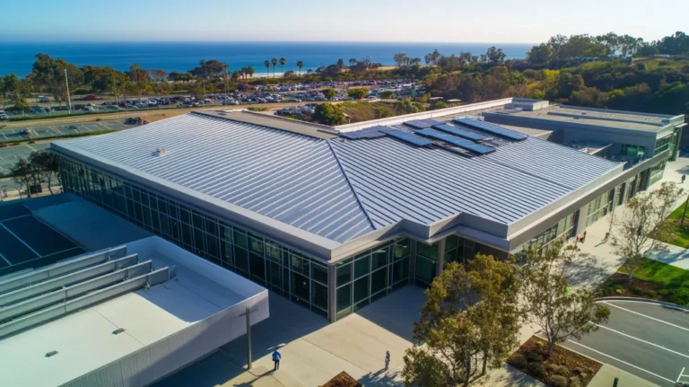 A commercial roof on a public library in a location similar to Malibu with a stainless steel aesthetic (AI image)