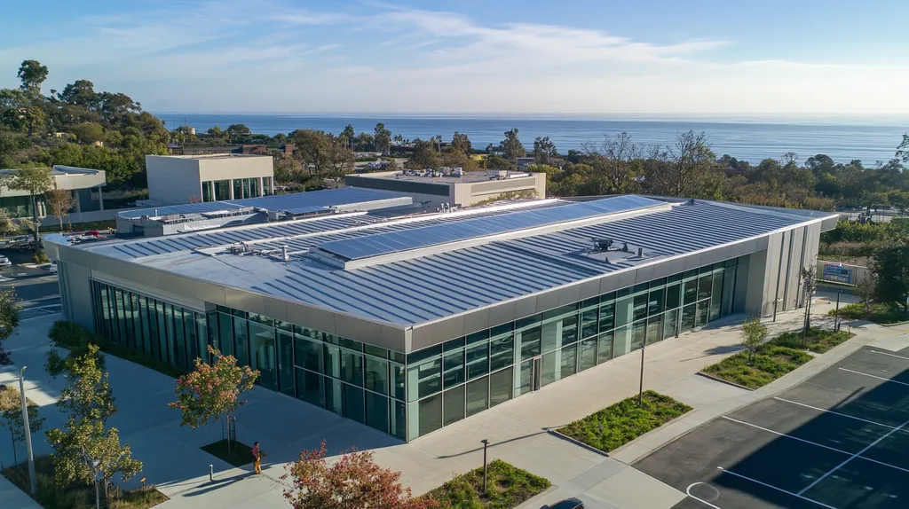 A commercial roof on a public library in a location similar to Malibu with a stainless steel aesthetic (AI image)