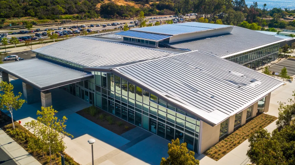 A commercial roof on a public library in a location similar to Malibu with a stainless steel aesthetic (AI image)